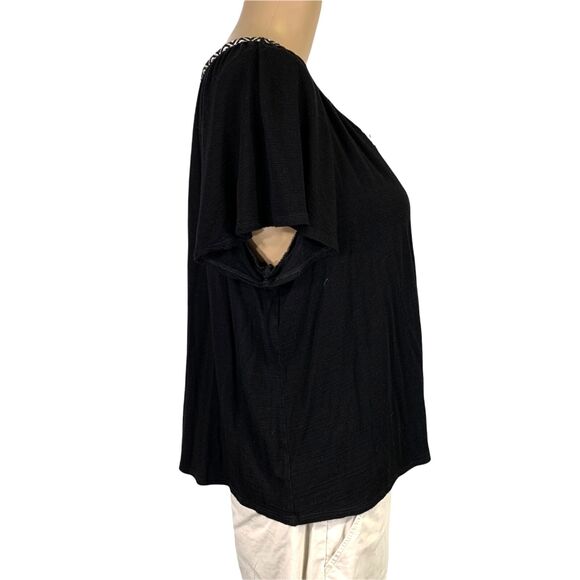 W5 Womens Peasant Top Blouse Shirt V Neck Woven Detail Pullover Black White Med - Picture 4 of 8